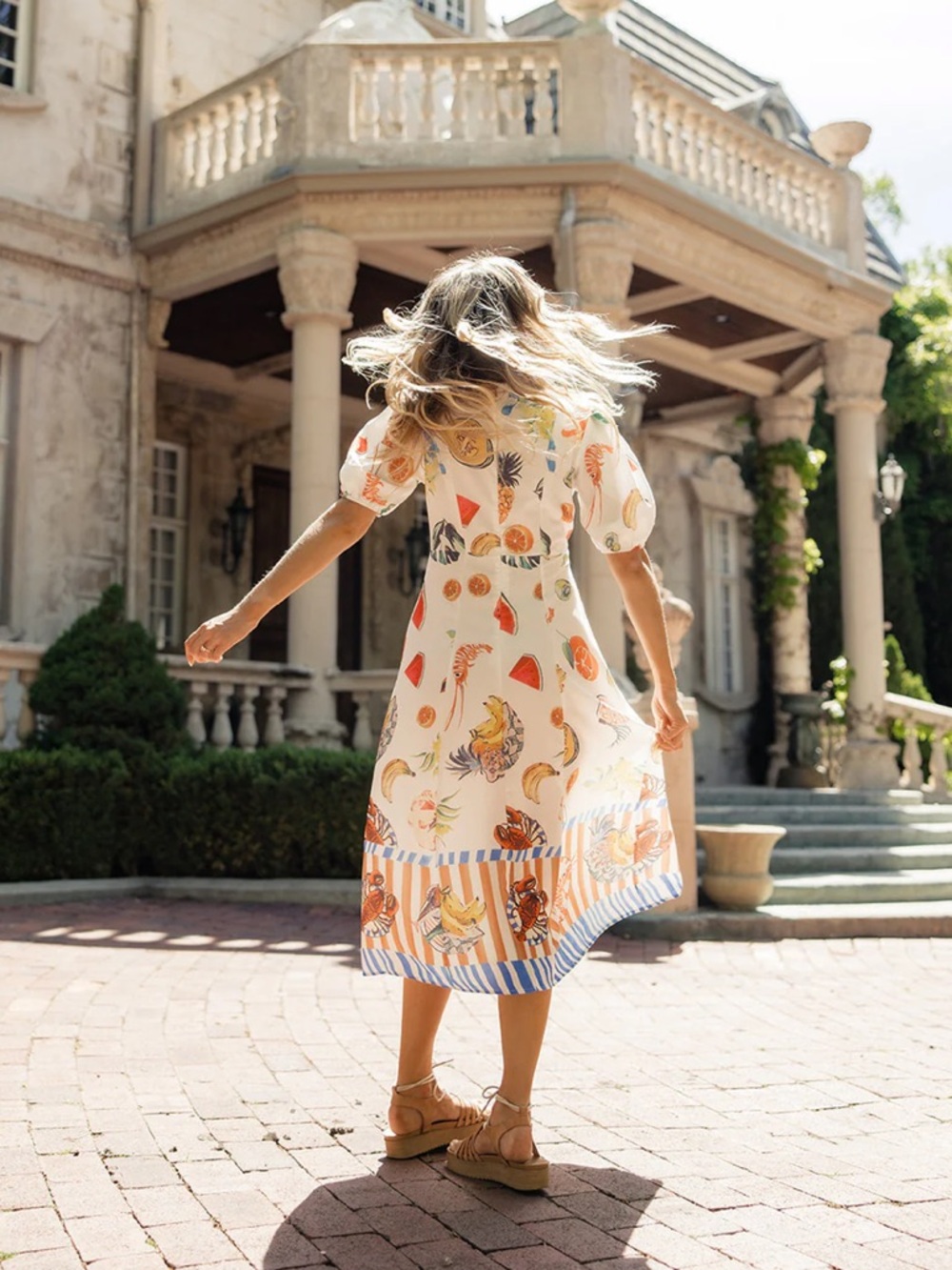 Roolee White Fruit-Print Midi Dress